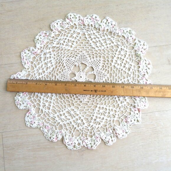 Handmade Crocheted 15 inches Round Doily with Scalloped Edges & Pastel Accents - Picture 6 of 6
